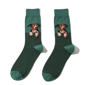Detailed knit texture of dark green crew socks featuring brown cartoon dog patterns