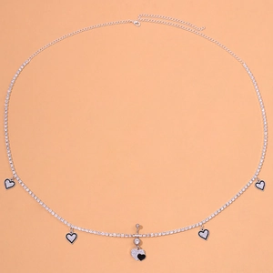 Silver rhinestone waist chain with heart pendants and navel piercing jewelry set