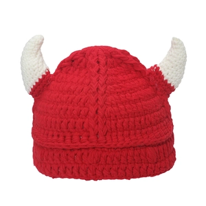 Funny red crochet knit beanie with white horns for unisex hip-hop style fashion