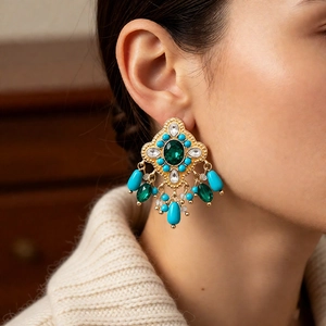 Close-up of vintage gold earrings with emerald green gems and blue bead tassels