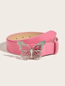 Detailed view of pink PU leather belt featuring a butterfly buckle with sparkling rhinestones
