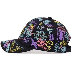 Hip hop black baseball cap with colorful graffiti print and streetwear lettering design