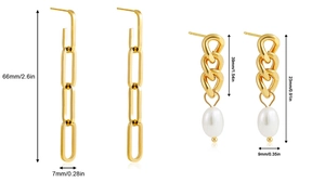 Tabella dettagliata delle dimensioni degli orecchini a catena in oro 18K con perle