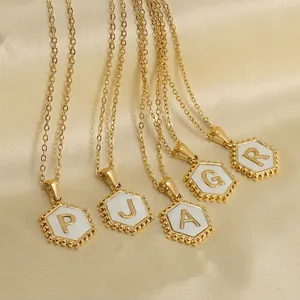 18K gold plated hexagonal initial necklace with white shell inlay and beaded edges