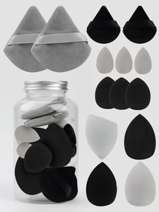 Detailed set of 14 makeup sponges and velvet puffs with a clear storage canister