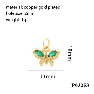 Detail of 18K gold plated butterfly pendant with green zircon and technical dimensions