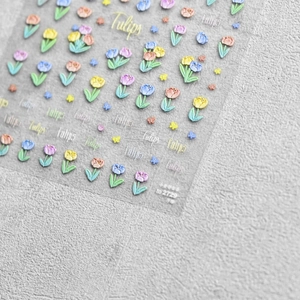 3D embossed tulip nail stickers in various colors with butterfly accents for manicure art