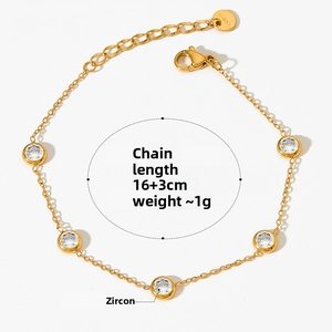 Detail of 16+3cm gold stainless steel chain bracelet with five round cubic zirconia stones