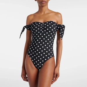 Polka dot tube top swimsuit with ruffle bow sleeves and sweet sweetheart neckline
