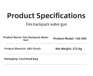 Detailed specifications for Fire Backpack Water Gun made of ABS material model 168-600