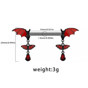 Detailed size specifications for a red bat-shaped nipple ring with dimensions and weight
