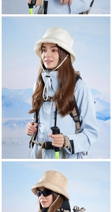Detail of winter thermal bucket hat with adjustable windproof drawstring and wide brim