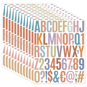 Close-up of colorful Morandi alphabet and number stickers for journals and crafts