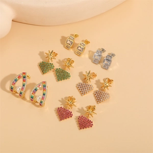 Fashion heart star zircon earrings and colorful pearl ear studs set in gold finish