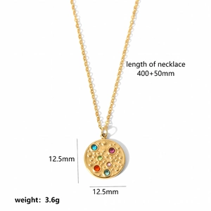 Detail of 18k gold plated necklace with 12.5mm colorful zircon pendant and size specs
