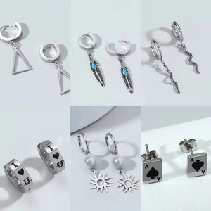 Men's silver titanium steel earrings set with triangle, snake, and feather designs