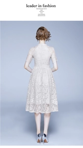 Détails de la robe en dentelle beige élégante avec crochet floral et zip au dos