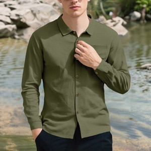 Men's olive green linen short sleeve shirt with button-down collar for beach vacation