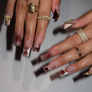 Coffin Press On Nails Leopard Print Brown Pink Gradient With Metal Cross Artificial Pearl Rhinestone Decoration Long False Nails