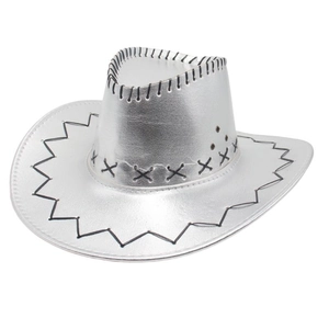 Metallic silver western cowboy hat with black whipstitch edges for party and performance