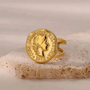 Vintage Stainless Steel Open Adjustable Coin Ring For Women 18K Gold Plated Portrait Relief Roman Greek Style Finger Ring