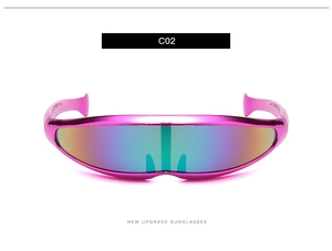 Detail of Y2K futuristic wrap sunglasses with metallic purple frame and rainbow lens