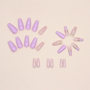 Long ballet press-on nails in taro purple with aurora glitter and crystal accents