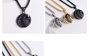 Macro detail of sun and moon face embossed pendants in black, gold, and silver finishes