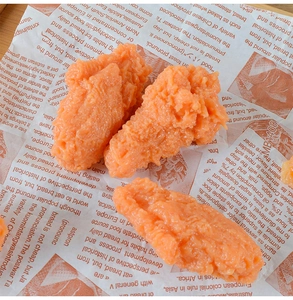 Detailed close-up of realistic fake fried chicken wings on vintage food paper wrap