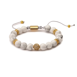 Adjustable white marble stone beaded bracelet with gold cubic zirconia center and grey cord