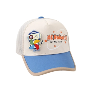 Kids baseball mesh hat featuring colorful robot patch and spinning windmill detail