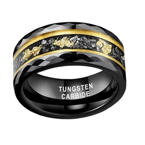 Faceted black tungsten carbide ring with gold foil and crushed stone inlay for men