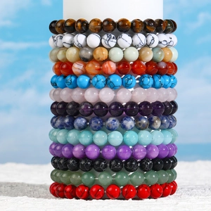 Handmade 8mm natural tiger eye and amethyst stone beaded elastic bracelets for women