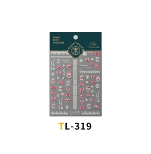 Detail of TL-319 nail stickers with pink roses, bows, and pearls on dark green backing