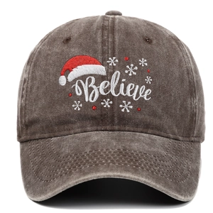Brown washed cotton baseball cap with embroidered Christmas snowflake and Believe text