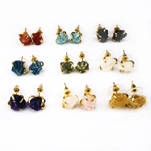 Set of 9 pairs of natural raw stone stud earrings with gold four-claw settings for women