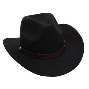 Detail of black western cowboy hat with brown leather band and silver metal buckle decoration
