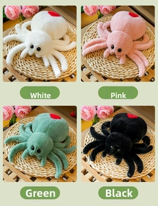 Collage of plush spider toys in white, pink, green, and black colors on straw mats