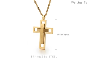 Detail showing 54x33mm cross pendant size and 17g weight of the stainless steel necklace