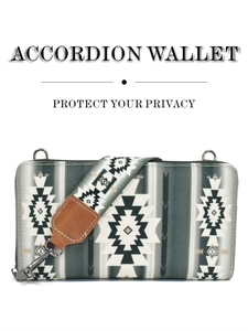Detail of bohemian canvas accordion wallet with ethnic geometric patterns and zip closure