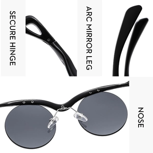 Macro details of round sunglasses showing secure hinges, curved legs, and nose pads