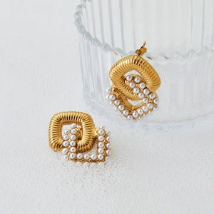 Vintage gold layered square earrings with pearls and textured finish for women
