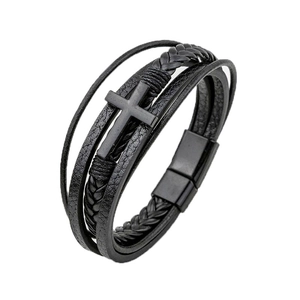 Men's multilayer black leather bracelet with cross charm and secure magnetic clasp