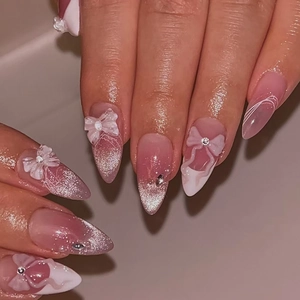 Press On Nails Pink Gradient Cat Eye Almond Shape With 3D White Bow Rhinestone Sweet Elegant For Women