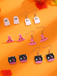 Detail of Halloween acrylic earring set with ghost, witch hat and black cat charms