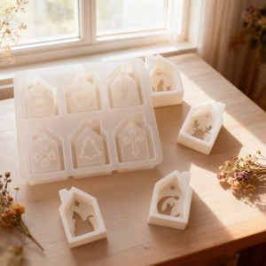 6-cavity Christmas house silicone mold for DIY resin candle holders and plaster pendants