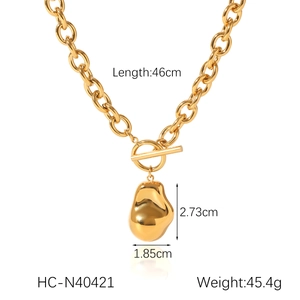 Detailed view of gold OT buckle necklace with dimensions 46cm and 45.4g weight