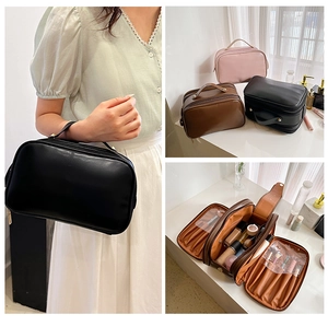 Multiple views of large PU leather makeup bag showing colors and internal compartments