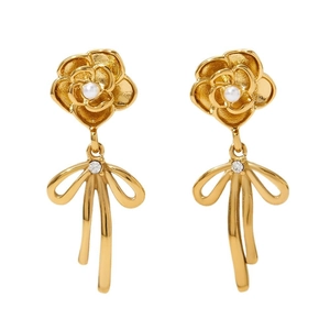 Boucles d'oreilles en acier inoxydable doré avec fleur de camélia, nœud et perles