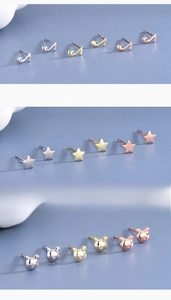 Detailed set of silver, gold, and rose gold studs in music note, star, and bear shapes